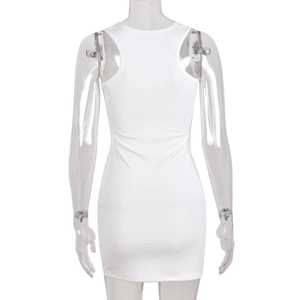 Detailed back view of white ribbed knit bodycon dress with U-neck on clear mannequin