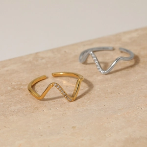 316L stainless steel wave rings in gold and silver with micro-pave cubic zirconia