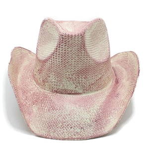 Close-up of pink and white snakeskin pattern on a wide-brim cowboy hat with textured finish