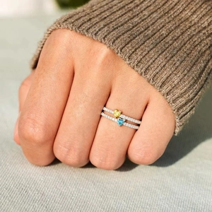 S925 Sterling silver double heart rings with yellow and blue cubic zirconia stones