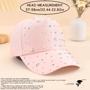 Pink baseball cap with silver star rhinestones and detailed head size measurement guide