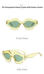 Close-up of translucent green wavy sunglasses with gold floral hinges and dark lenses