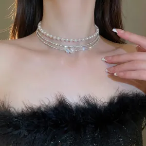 Multi Layer Choker Necklace Elegant Copper Rhinestone Zircon Faux Artificial Pearl Round Luxury Clavicle Chain For Women