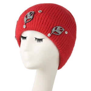 Red knit leaf pattern beanie for women with shimmering rhinestones on white model head
