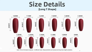 Size chart showing 12 different dimensions for long T-shaped coffin press-on nails