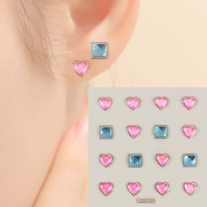 Pink heart and blue square crystal ear stickers set featuring 16 minimalist jewelry pieces