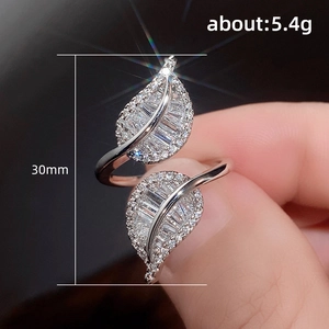 Elegant silver leaf open ring with zircon inlay 30mm height and 5.4g weight