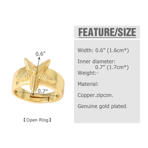 Detailed size specifications for the gold-plated starfish open ring with copper and zircon
