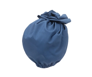 Close-up of blue pleated floral turban hat with elastic band and decorative top bloom