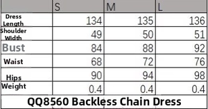 Tableau des tailles détaillé pour robe dos nu à chaîne avec longueur buste et taille