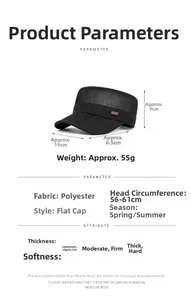 Detail view of breathable black mesh flat top cap showing size chart and dimensions