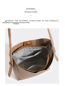 Detailed internal structure of brown leather bucket bag with zippered compartments