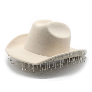 Cappello Da Cowboy Western Con Frange Di Strass Tesa Larga Feltro Sposa Matrimonio Festa Vacanze Retro Etnico Per Donne