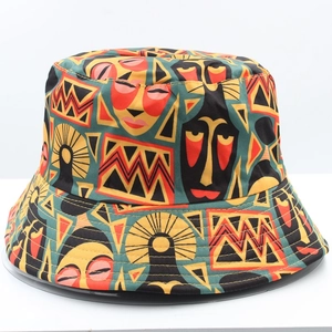 Detailed view of the colorful abstract lion pattern and canvas texture on bucket hat