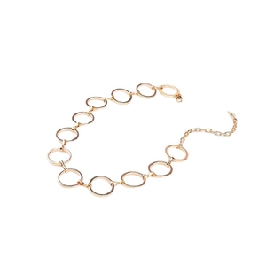 Golden geometric circle linked necklace with adjustable extender chain on white background