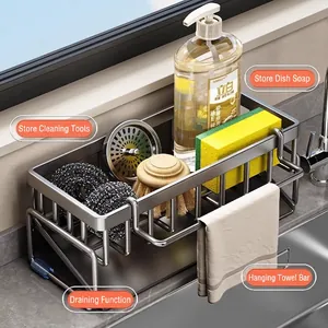 Gunmetal kitchen sink organizer with towel bar and pull-out drip tray for sponges