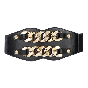 Women's vintage elastic waist belt in black leather featuring dual gold metal chains