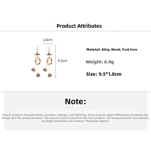 Detail showing bohemian wooden drop earrings with dimensions of 9.5cm in length and 1.8cm width