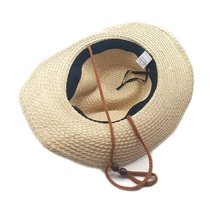 Beige paper straw cowboy sun hat with adjustable chin strap for outdoor beach travel