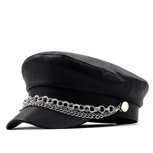 Baker Boy Hat PU Leather Octagonal Cap Featuring Double Silver Metal Chain Retro British Style Fashion Painter Hats