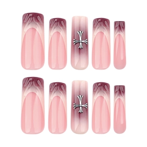 French 3D press-on nails with red gradient and silver gothic cross charms