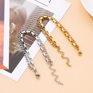 Dual-layer stainless steel bracelet set with curb and box chains in gold and silver