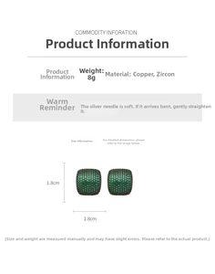 Detail view of square green zircon earrings with micro-pave setting and silver needles
