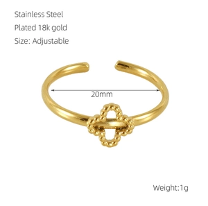 Detail view of 18k gold plated stainless steel clover ring with adjustable sizing scale