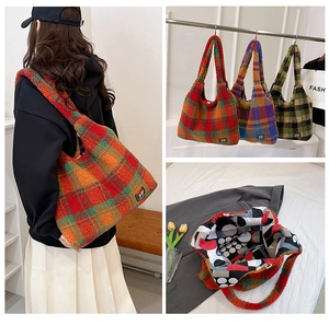 Plaid fleece tote bag collage showing back wearing view and interior lining details