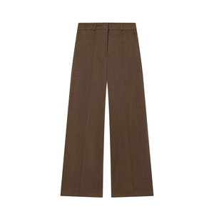 Women's dark brown high-waisted wide-leg trousers with center crease detail and belt loops