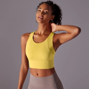 Close-up of bright yellow sports bra with wide straps and high-elasticity underband support