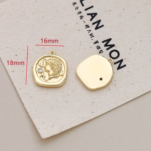 Detailed view of 18x16mm gold-plated vintage coin pendant with woman relief and zircon