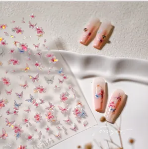 Detail of M-1071 nail stickers featuring pink cherry blossoms and iridescent butterflies