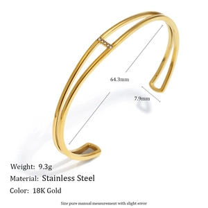 Minimalist double-row 18K gold-plated stainless steel bangle with crystal details