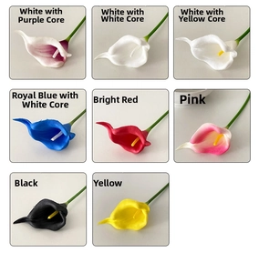Collage of artificial PU calla lilies in eight vibrant colors for home decor and weddings