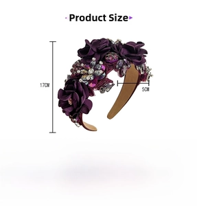 Detail view of purple floral headband with rhinestones showing 17cm height dimensions