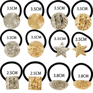 Detailed grid of U-shaped hair ties with gold and silver metallic crinkle texture charms