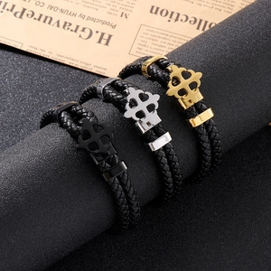 Three-color woven leather cross bracelets for men in black, silver, and gold finish