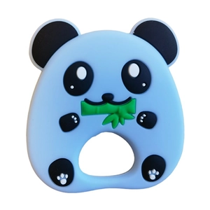 Blue silicone baby panda teether with green bamboo detail and round easy-grip handle