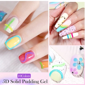Close-up of 10-color 5D solid pudding gel with diverse 3D macro nail art textures