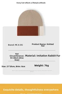 Detail showing faux rabbit fur knit beanie with 54-60cm size and 8cm cuff measurements