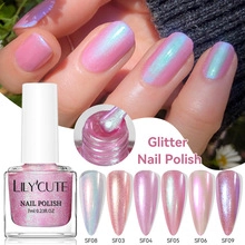 Macro display of 7ml glitter gel nail polish bottles with six purple shimmer color swatches