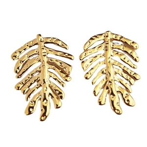 Elegant gold brass leaf tassel earrings with textured hammered finish for women