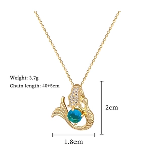 Detailed specs of mermaid necklace with blue gemstone and dimensions 2cm by 1.8cm