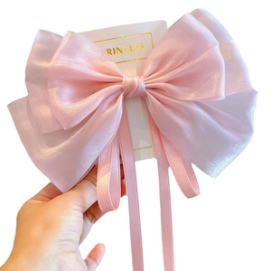 Pink pearlescent organza oversized bow hairclip with long streamers for girls