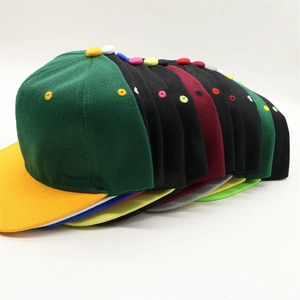 Detailed side view of colorful flat brim snapback hats stacked against white background