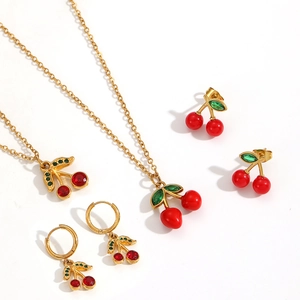 Gold stainless steel cherry jewelry set including cherry pendant necklace and earrings