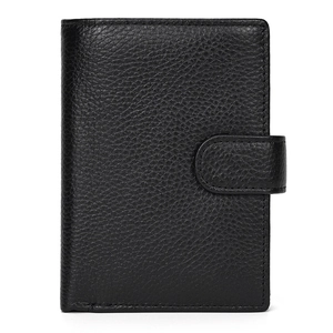 Close-up of black litchi grain leather wallet featuring a secure snap button closure