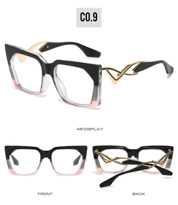 Detailed views of gradient cat-eye sunglasses with unique gold wavy hollow temples