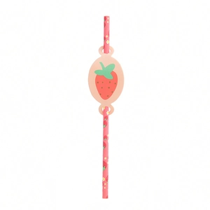 Detailed view of pink straw with strawberry pattern and matching oval strawberry ornament